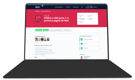 Um Notebook com uma pagina aberta no curso de HTML5 e CSS3 parte 1 da alura